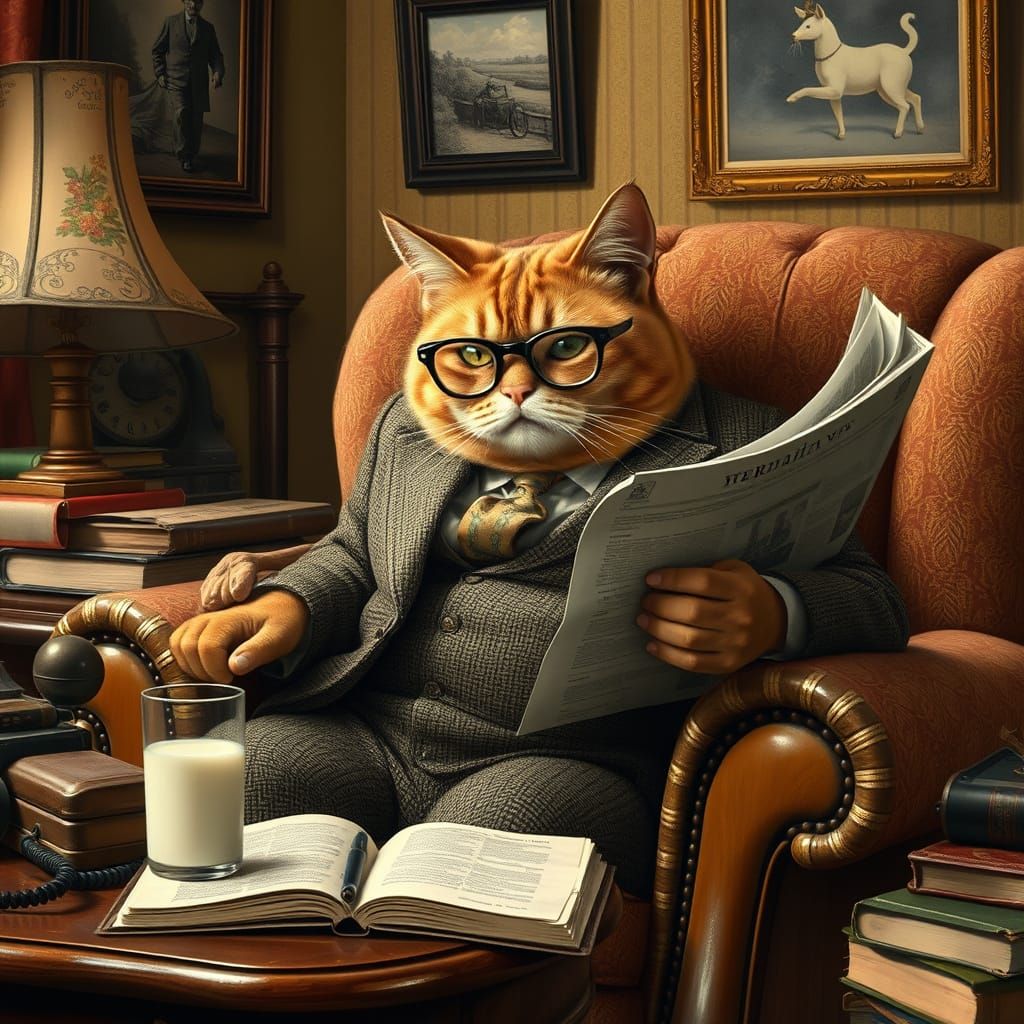 Grumpy Cat Reading Newspaper in Rockwell Style