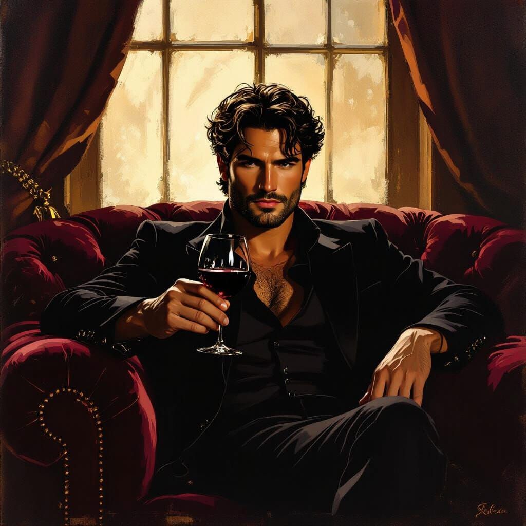 Handsome Man Enjoys Wine on Velvet Couch in Dramatic Light
