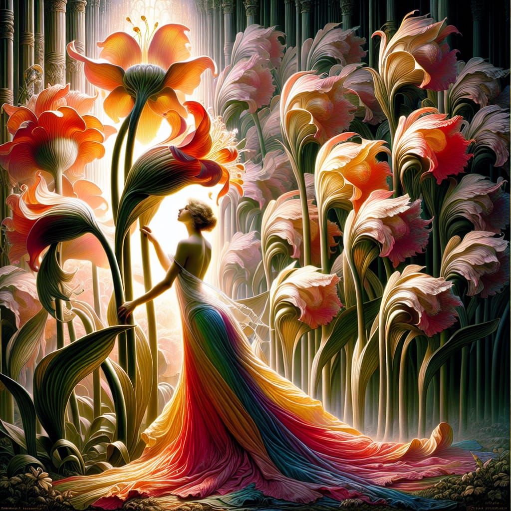 Art Nouveau Lady in Rainbow Dress with Flowers