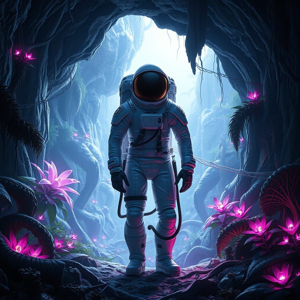 Astronaut Discovering Bioluminescent Cave in Alien Jungle