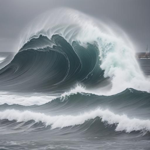 Winter Sea Storm Crashing Over Harbor Seawall