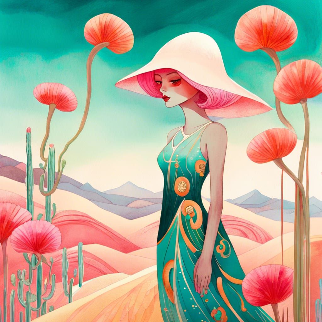 Character Enveloped in Desert Blooms in Pop Surrealism