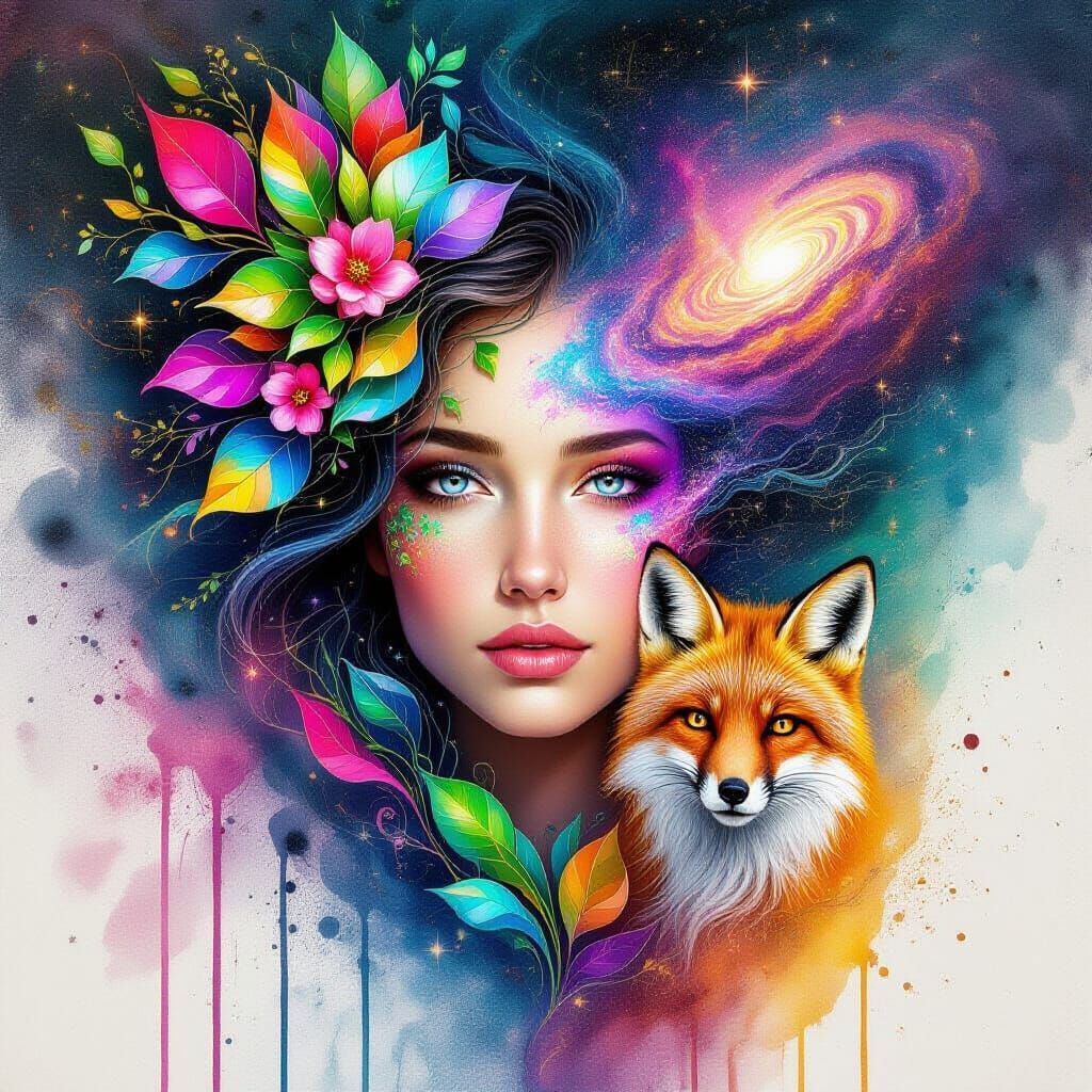 Surreal Portrait with Cosmic and Botanical Elements