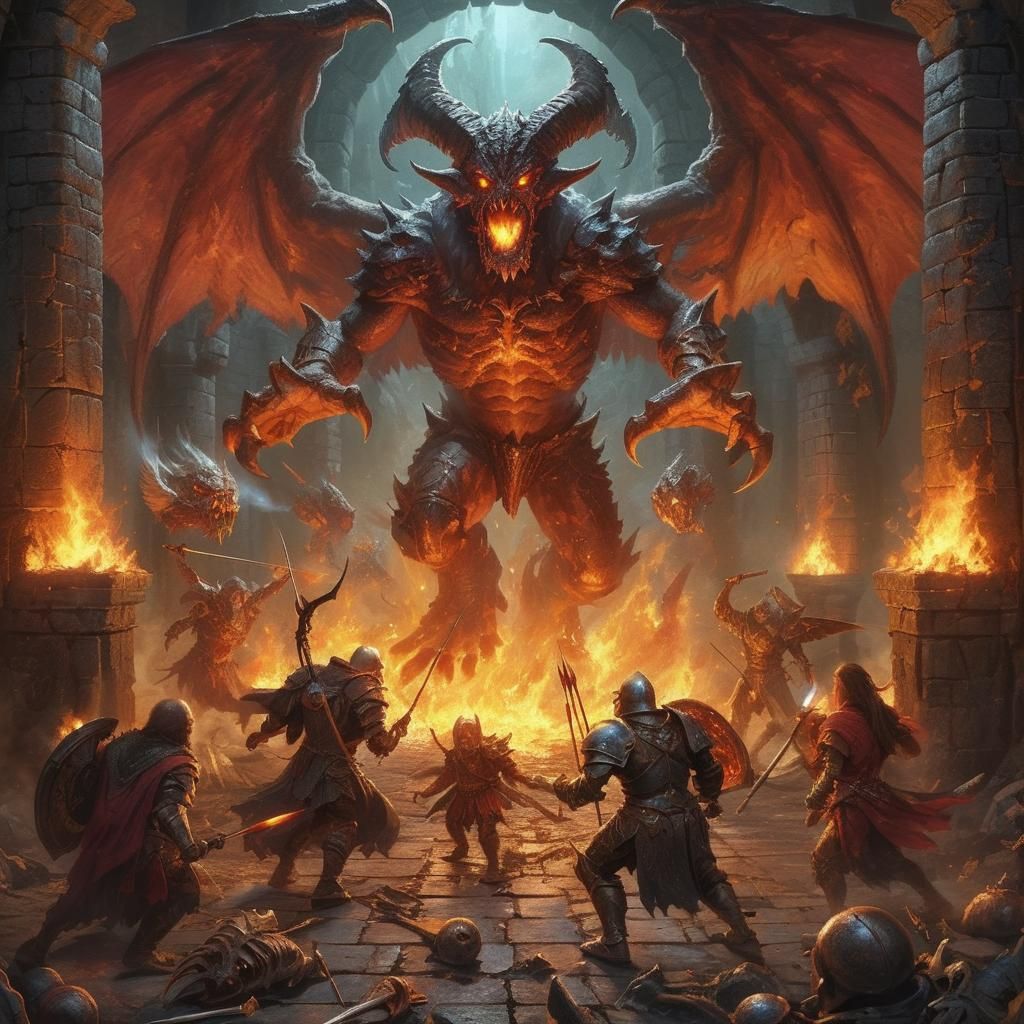 Demonic Balrog Confrontation in Stone Dungeon, Digital Oil P...