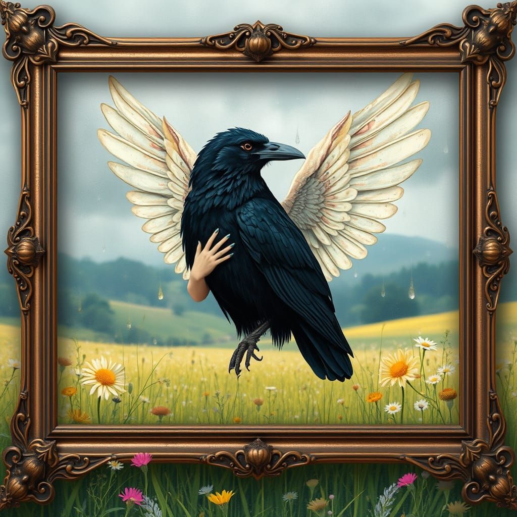 Angel and Crow Portrait in Klimt-Inspired Style