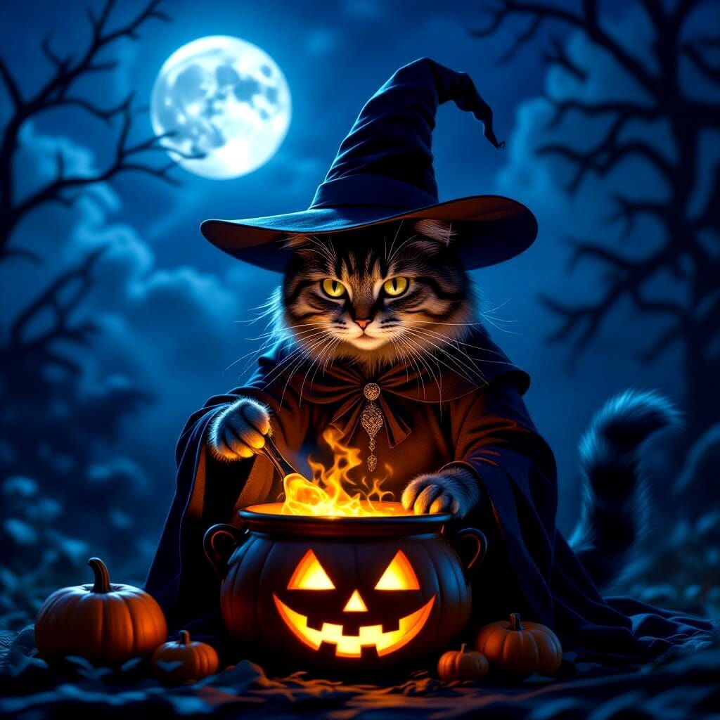 Witch Cat Cooks Pumpkin in Cauldron Under Moonlight