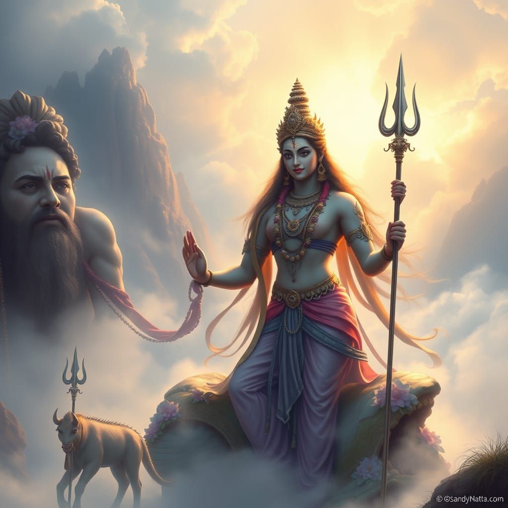 Lord Shiva and Parvati in Ethereal Fantasy Landscape