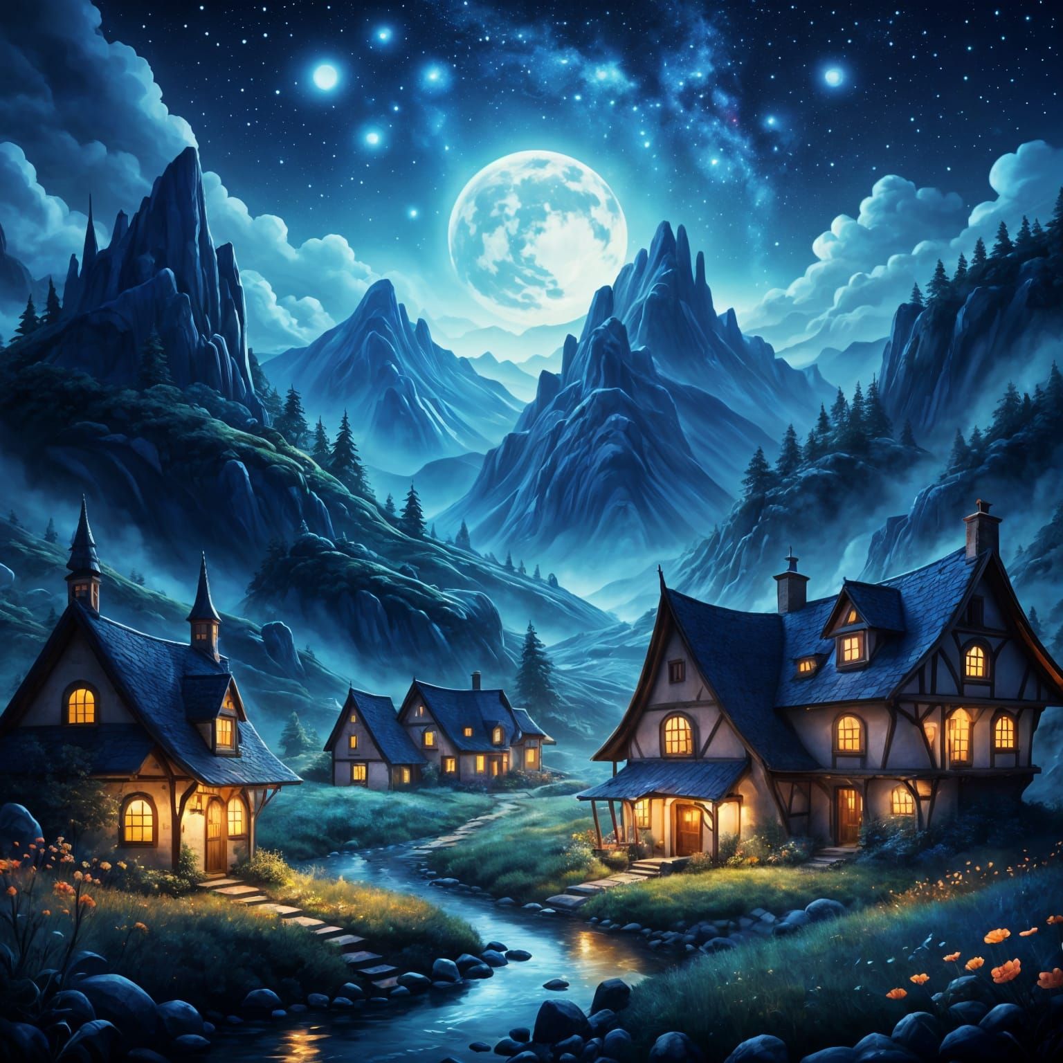 Whimsical Village Under a Starry Sky