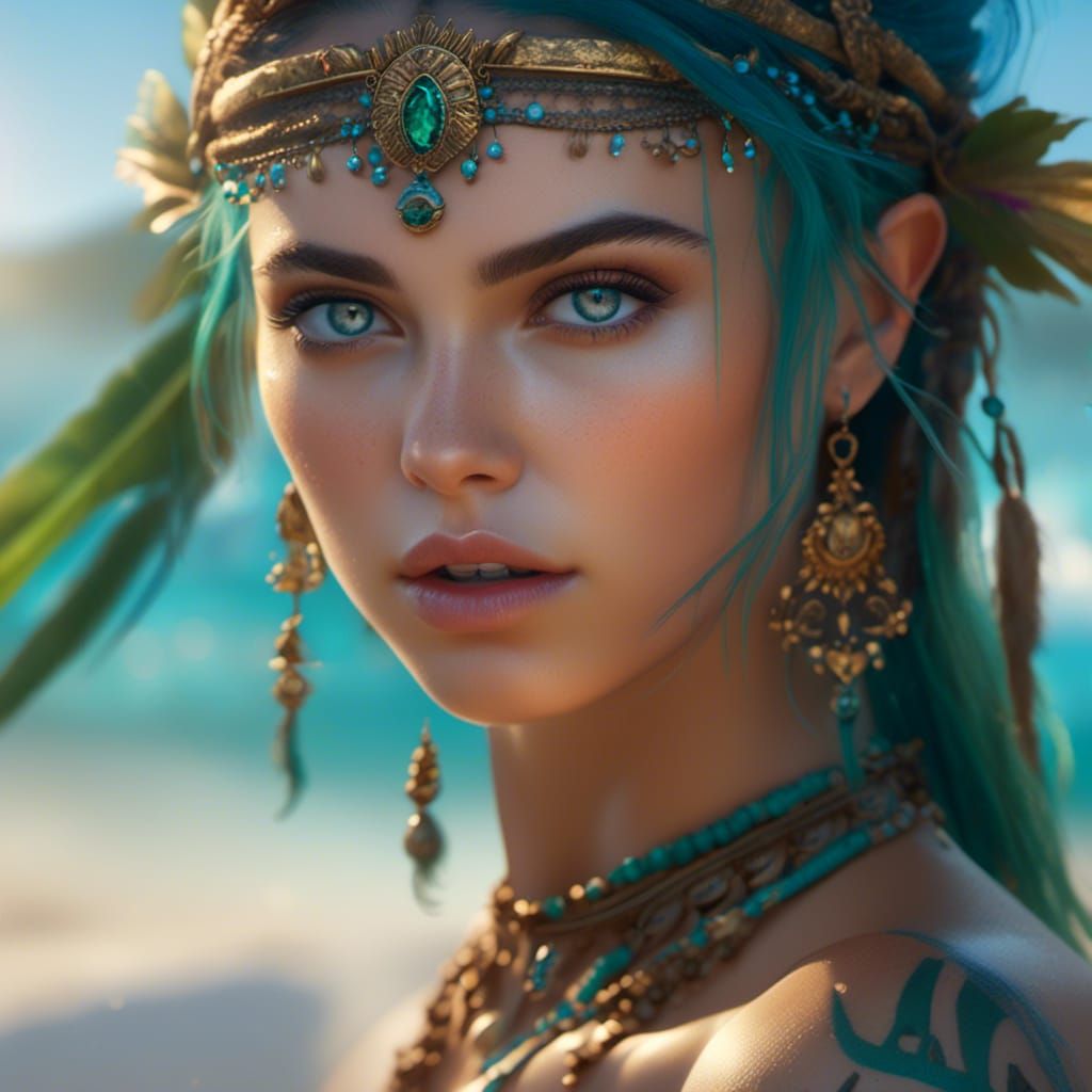 Blue-Haired Woman on Beach, Detailed Portrait