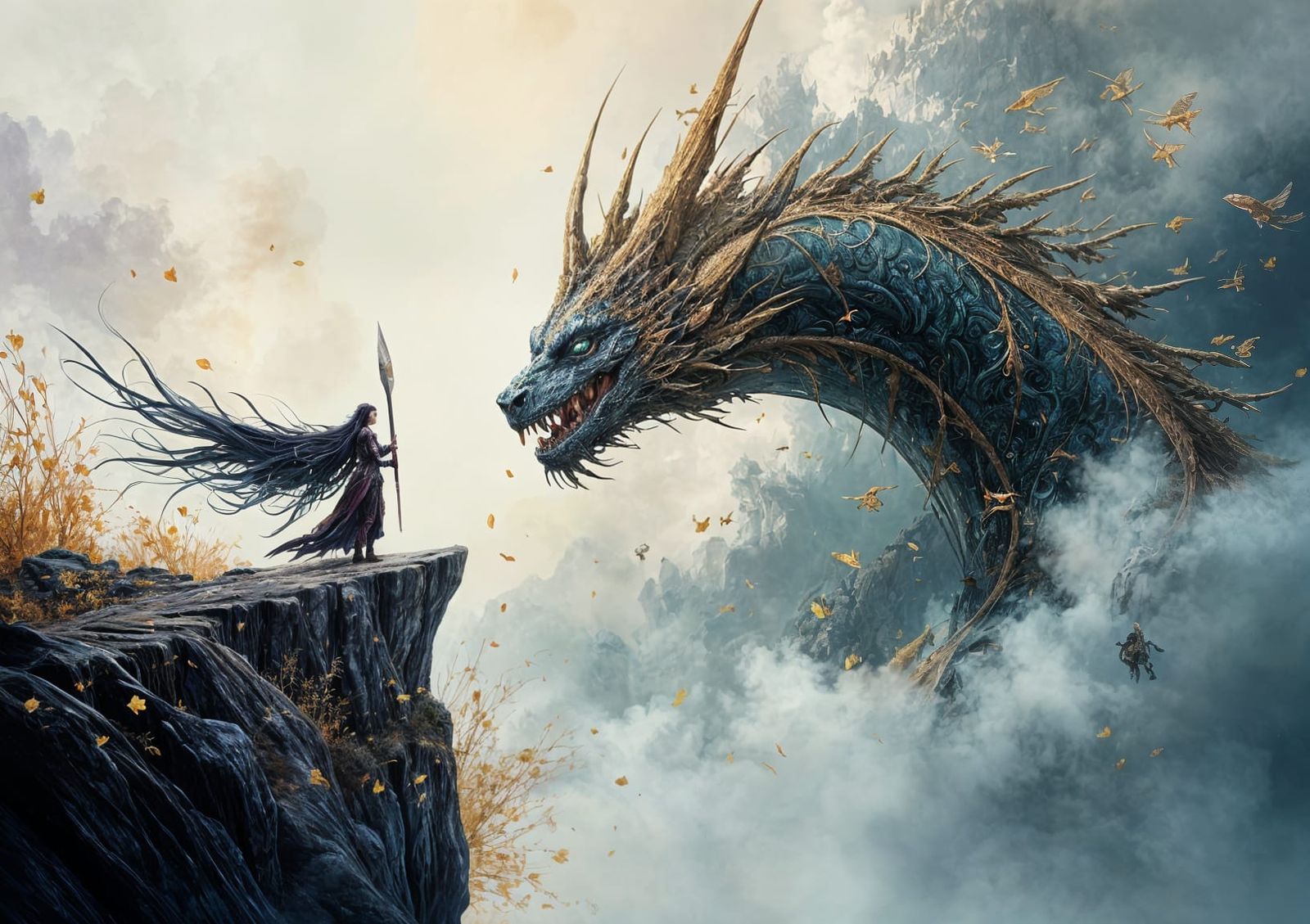 Heroic Warrior Battles Ancient Serpent in Epic Fantasy Lands...