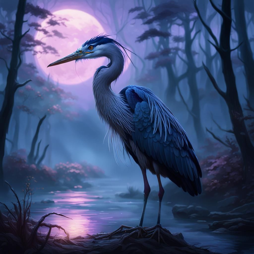 Dusk Heron with Glowing Eyes: Dark Fantasy Art