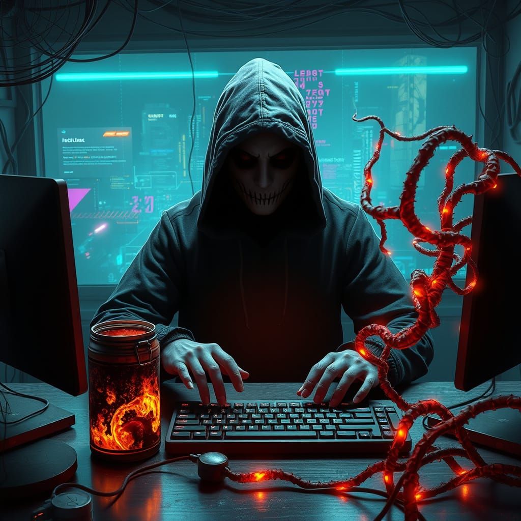 Cyberpunk Hacker Conjures Mutated Foods in Glitching Digital...