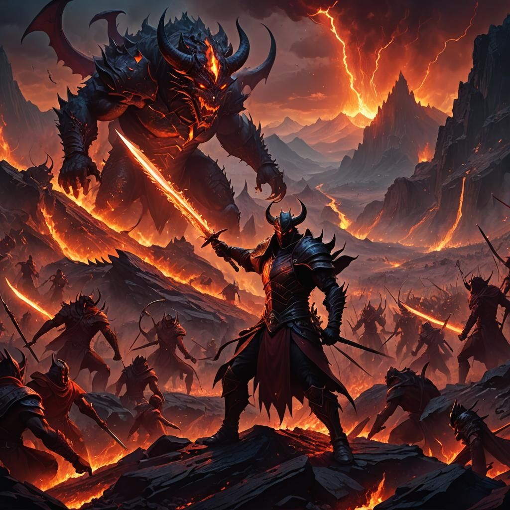 Demon with Magma Sword in Hellish Landscape