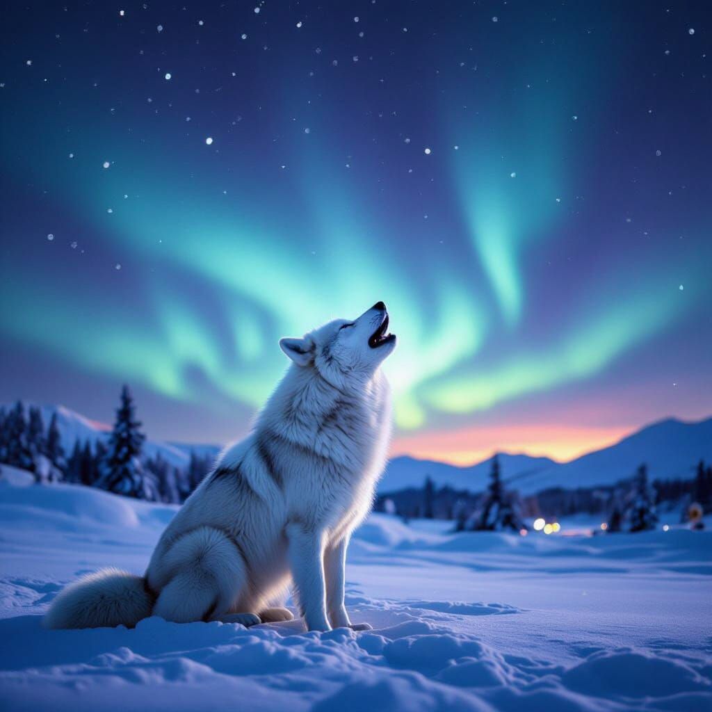 White Wolf Howls Under Aurora Borealis at North Pole
