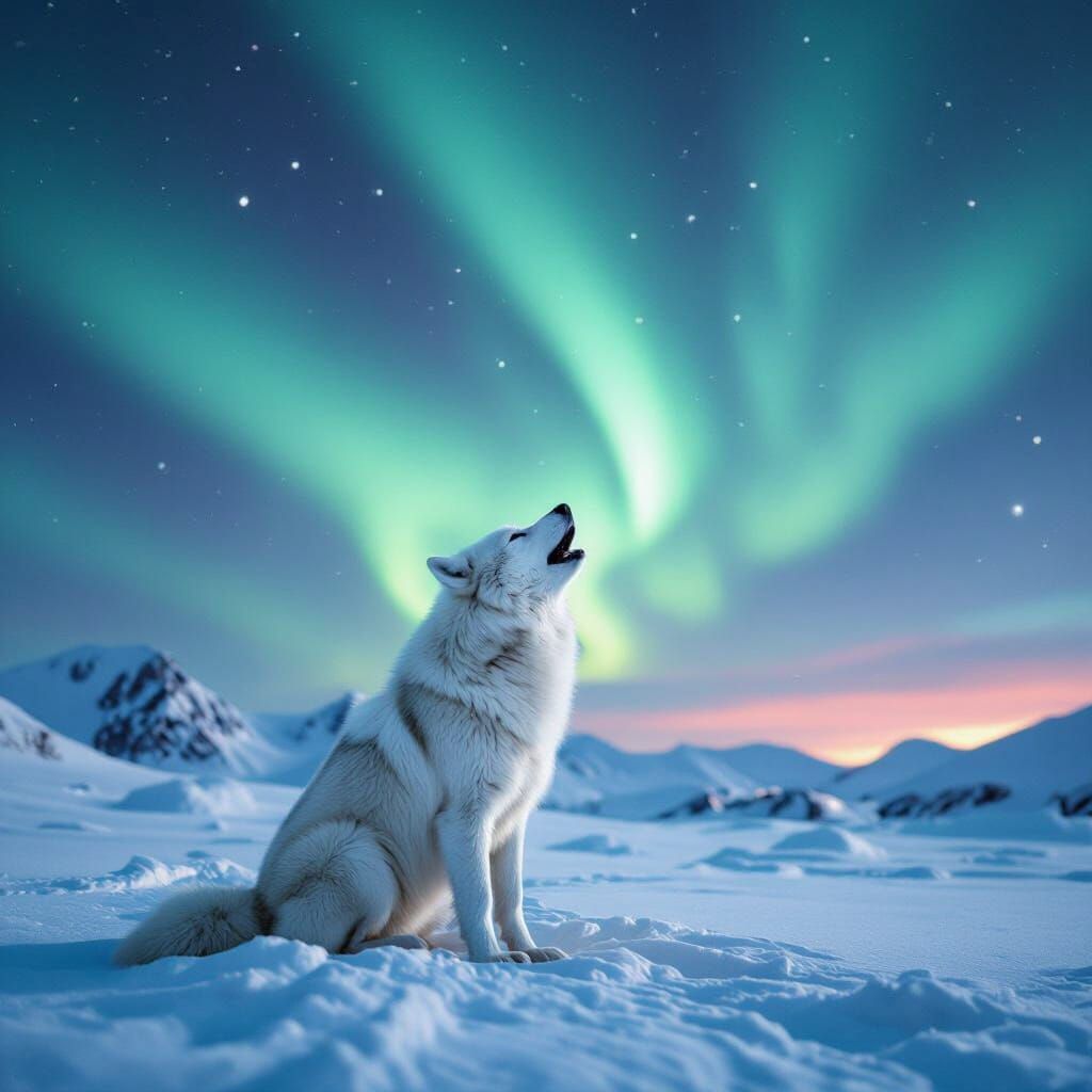 White Wolf Howls Under Arctic Northern Lights