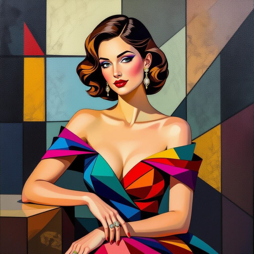Elegant Woman in Vibrant Cubist Art Deco Style
