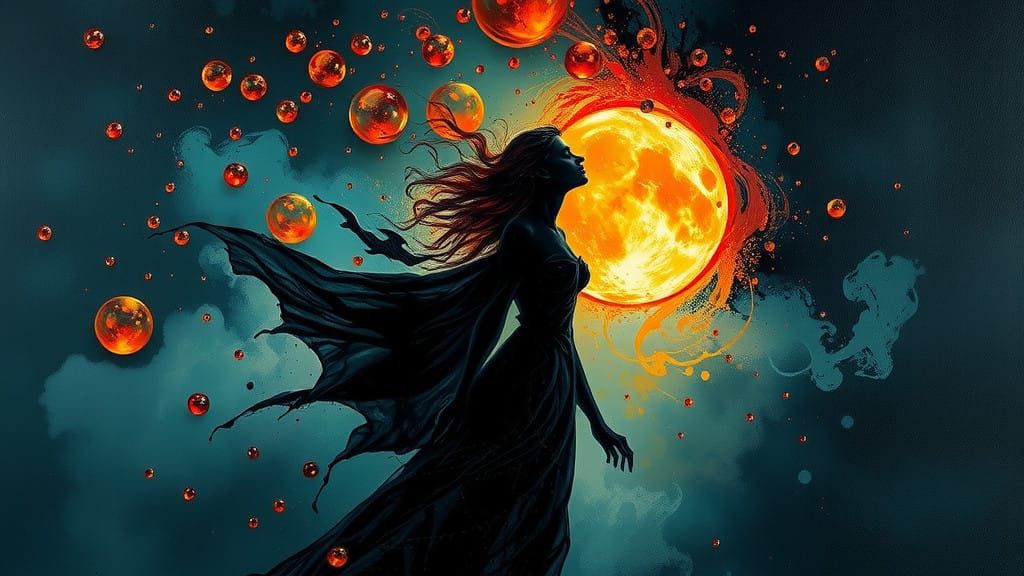 Vampire Woman Silhouette Dancing in Droplets of Darkness