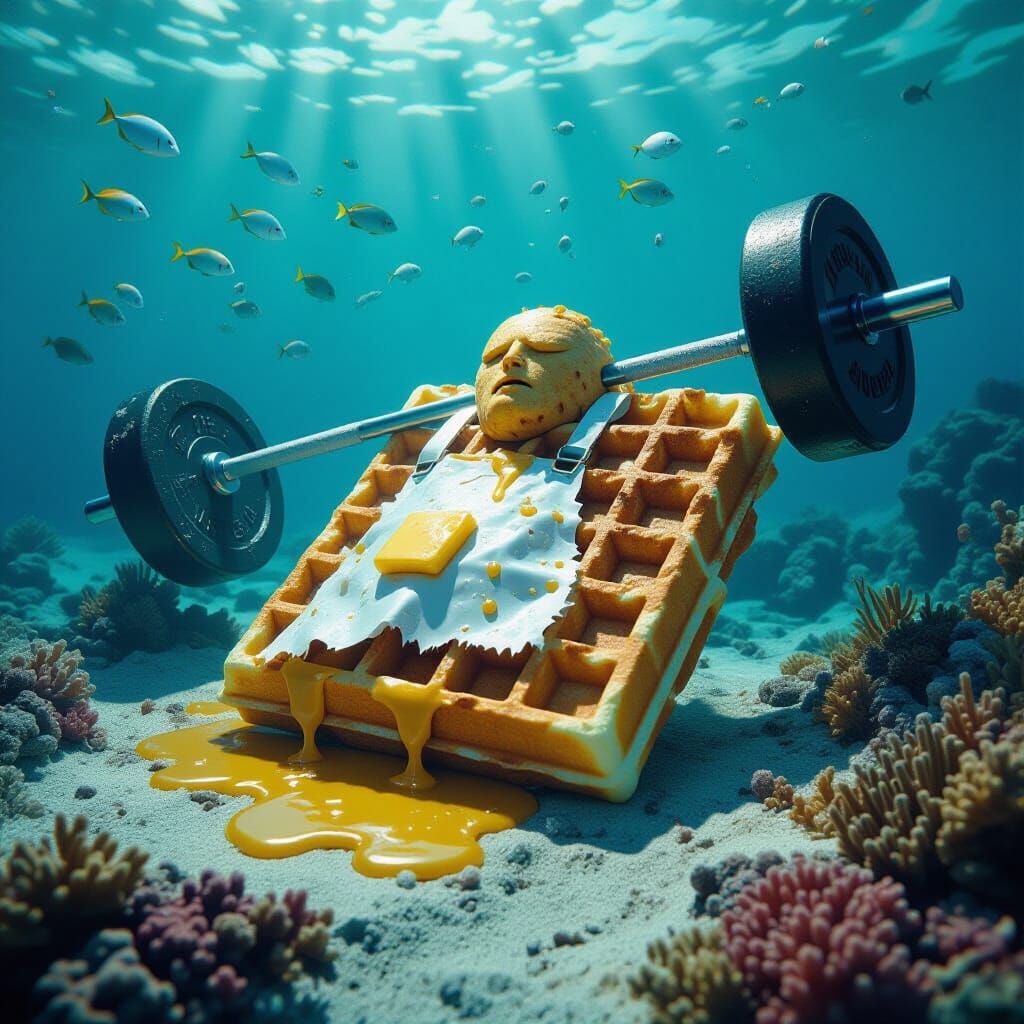 Cracked Waffle Crushed by Dumbbell on Ocean Floor