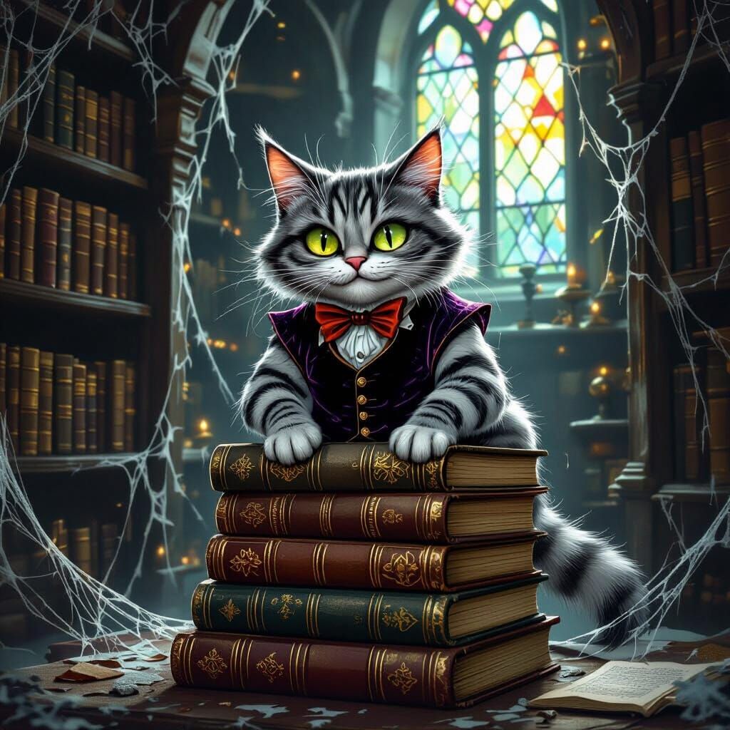 Regal Cheshire Cat in Gothic Library Illustration