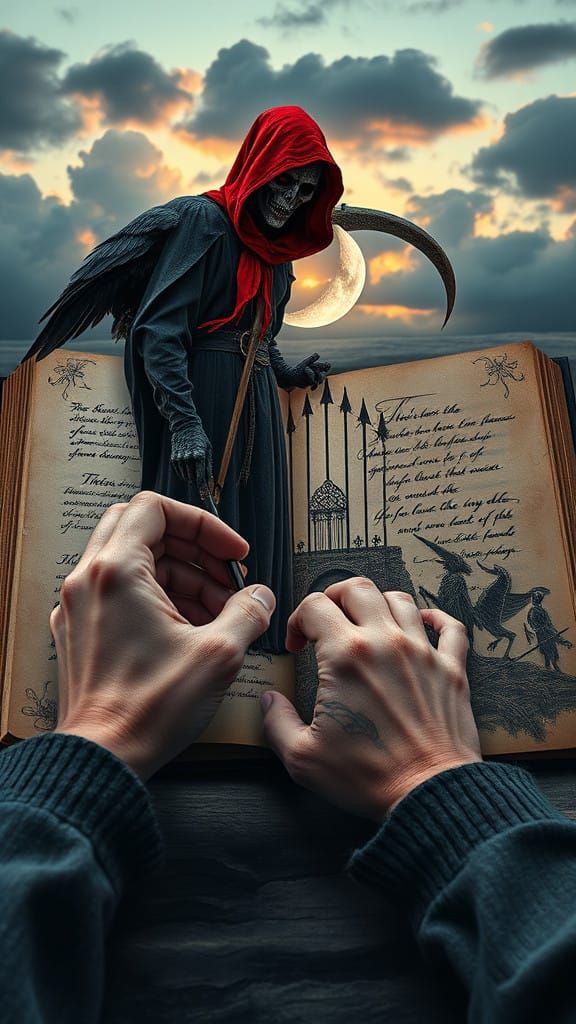 Hyper-Realistic Digital Art of the Grim Reaper Drawing with....