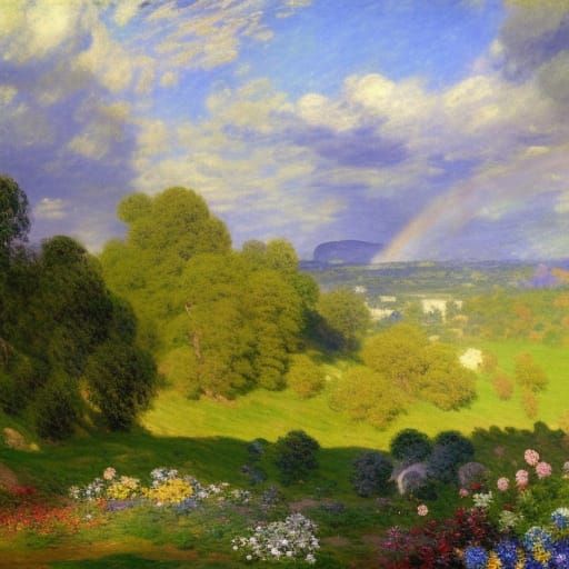 Rainbow Over Flower Valley: Spring Landscape