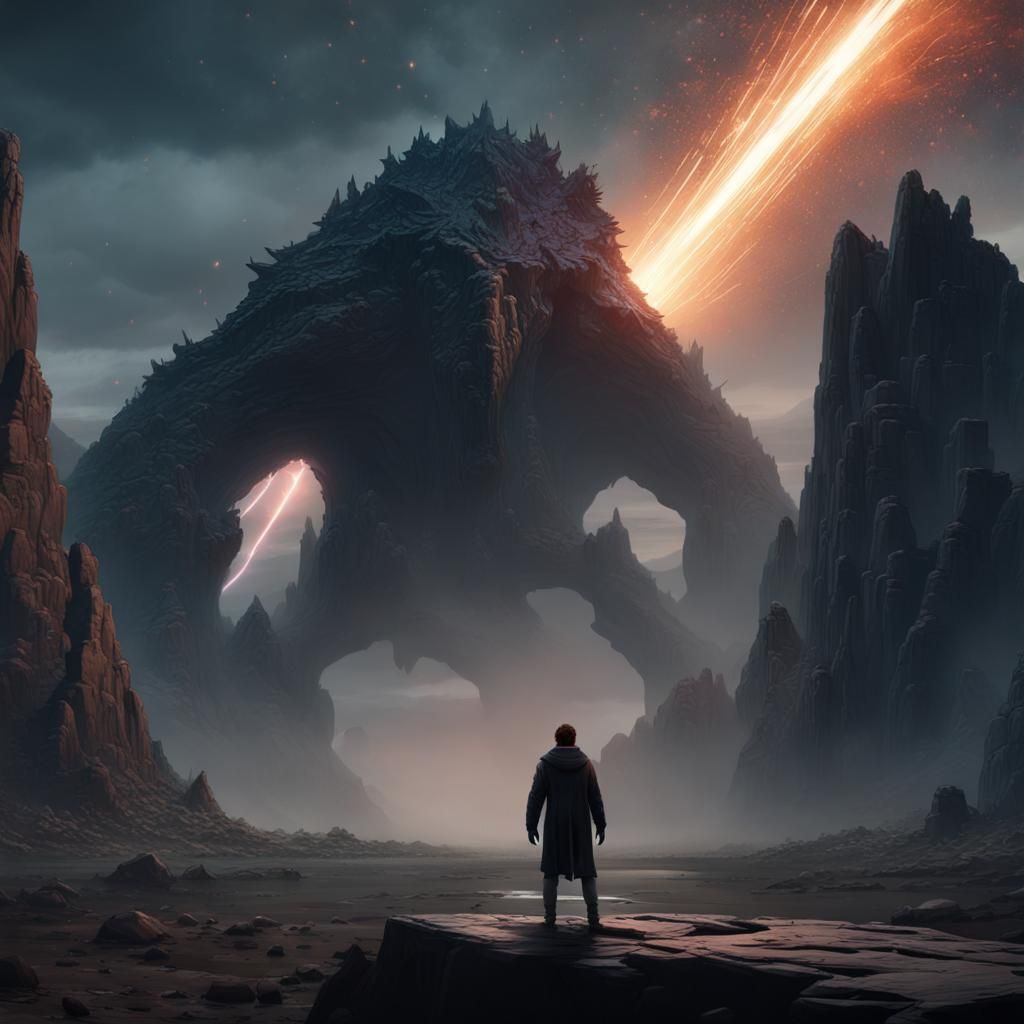 Epic Rock Monster Confrontation Under Meteor Shower