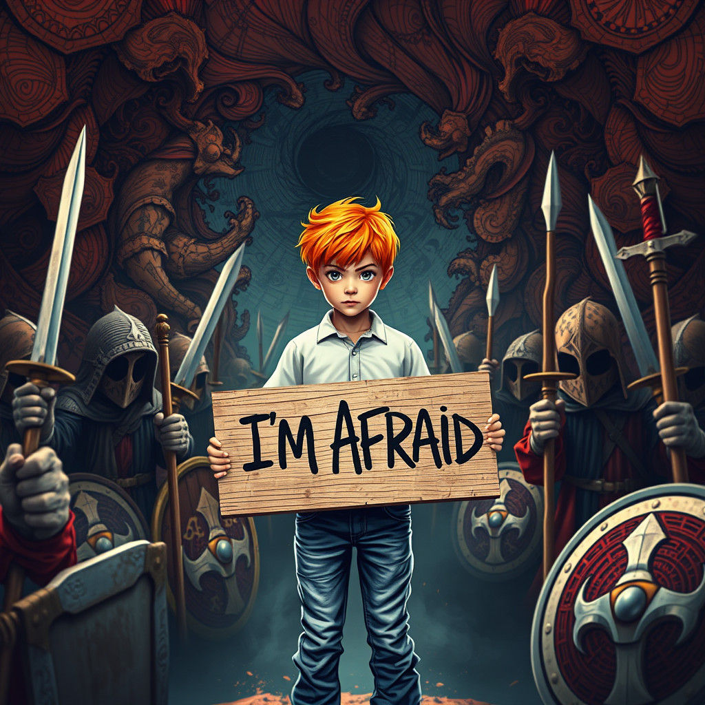 Boy with Red Hair Amidst Armed Crowd