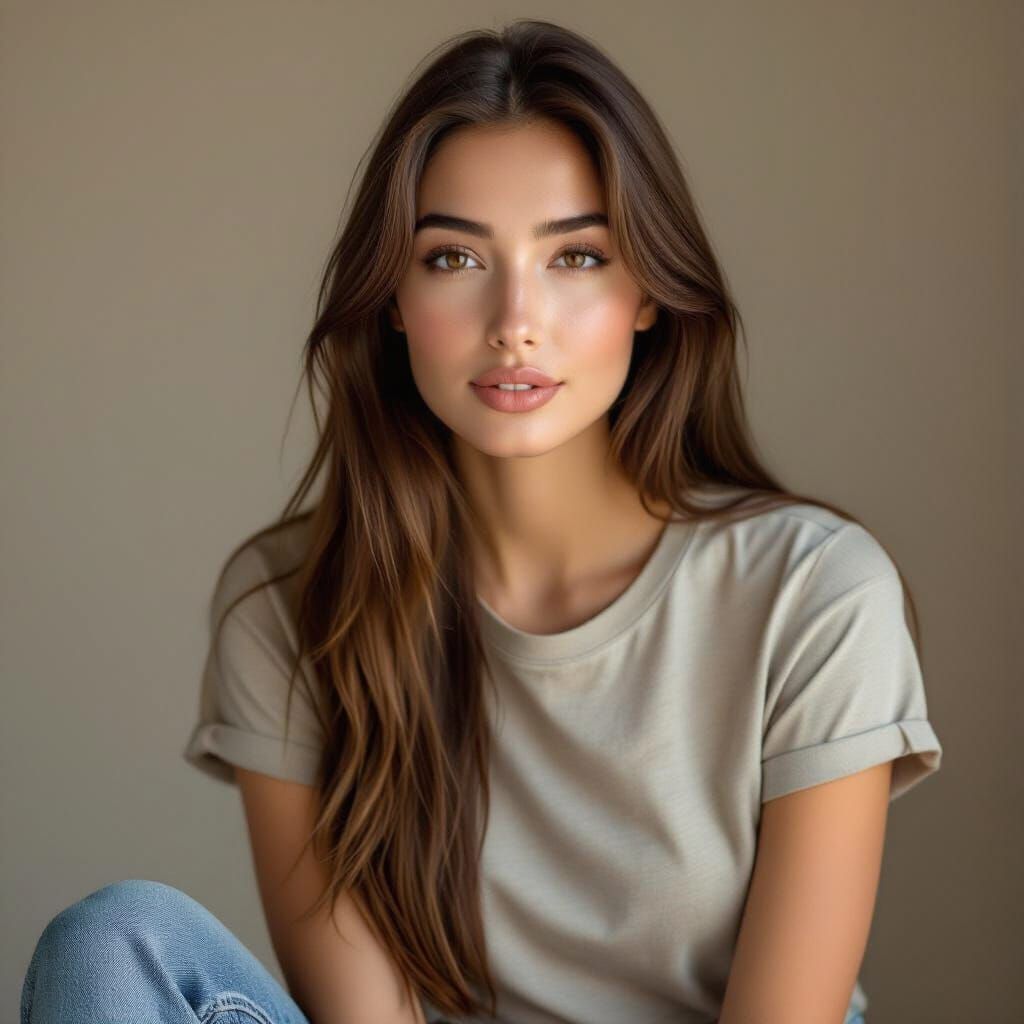 Realistic Portrait of Uzbek Woman with Long Brown Hair