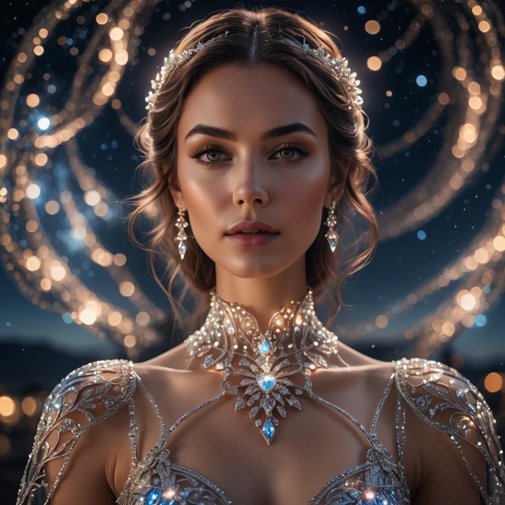 Glass Dress Portrait Against Dazzling Night Sky