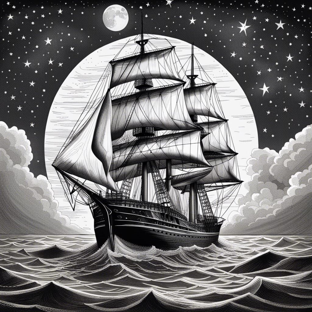 Monochrome Ship Sailing Under a Starry Sky