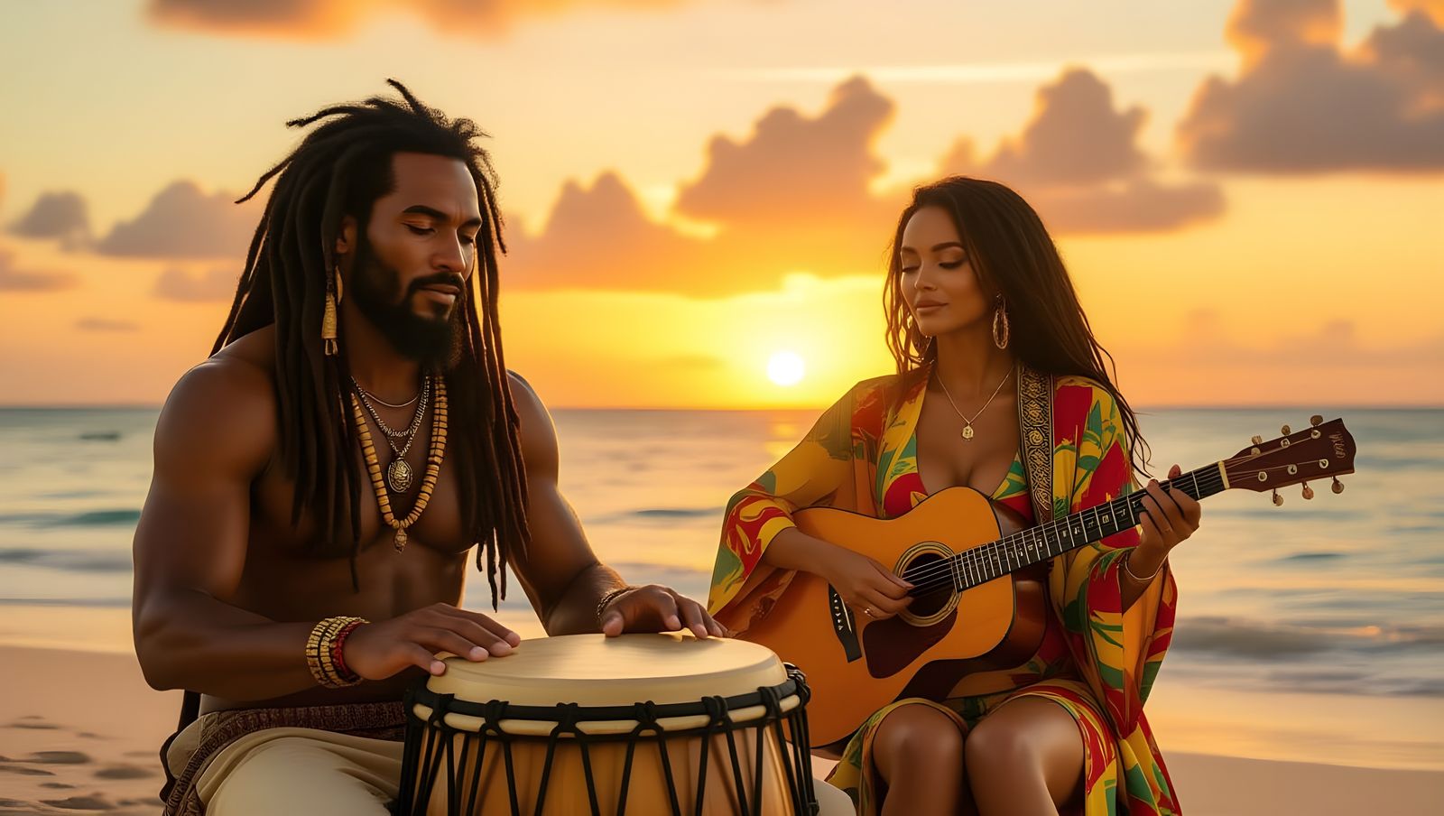 Caribbean Sunset Scene with Reggae Percussionist in Hyperrea...