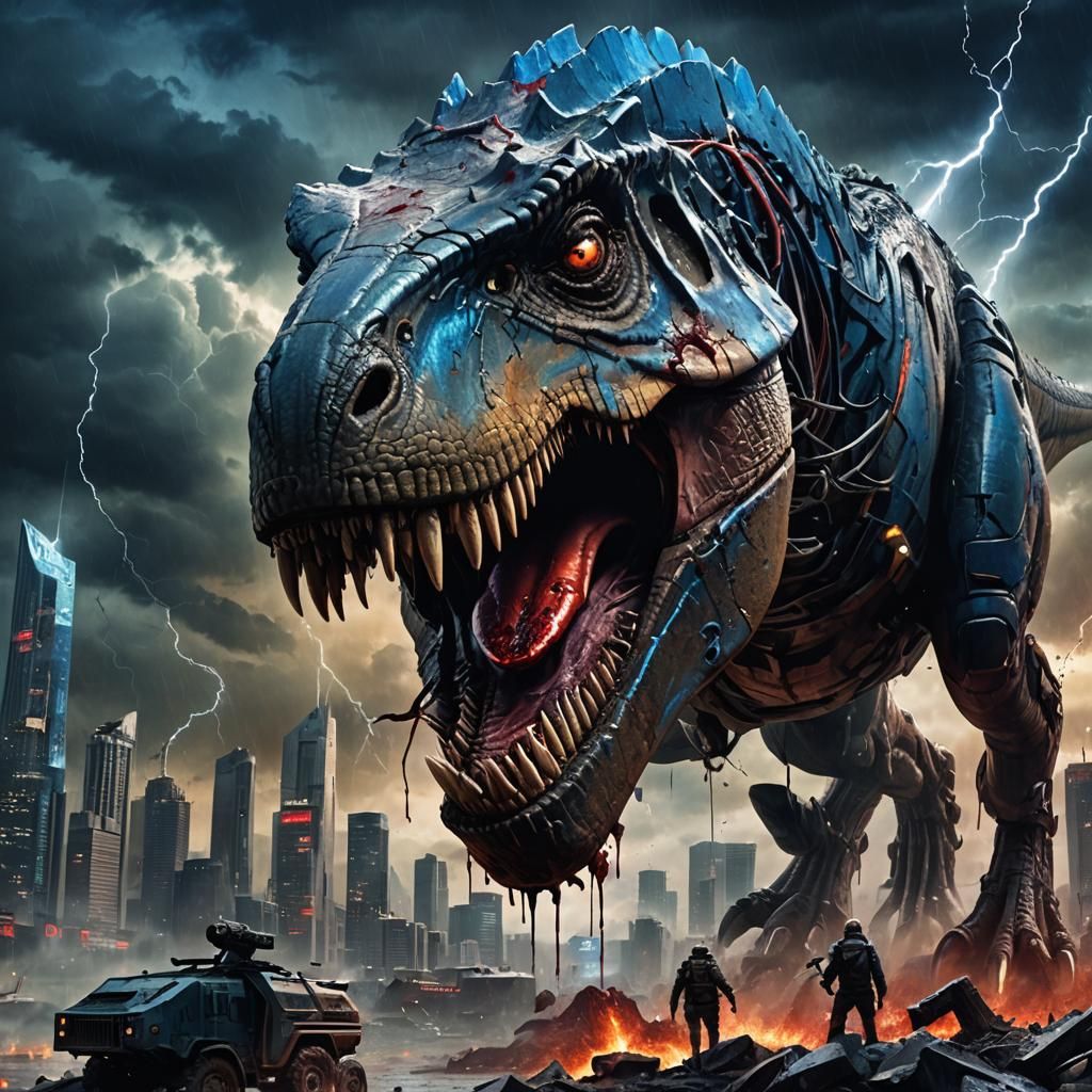 T-Rex Dominates Post-Apocalyptic Cityscape in Sci-Fi Art