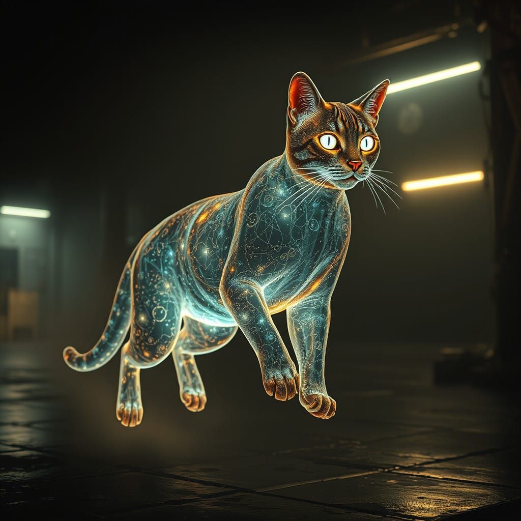 Majestic Holographic Cat in Hyperrealistic Futuristic Landsc...