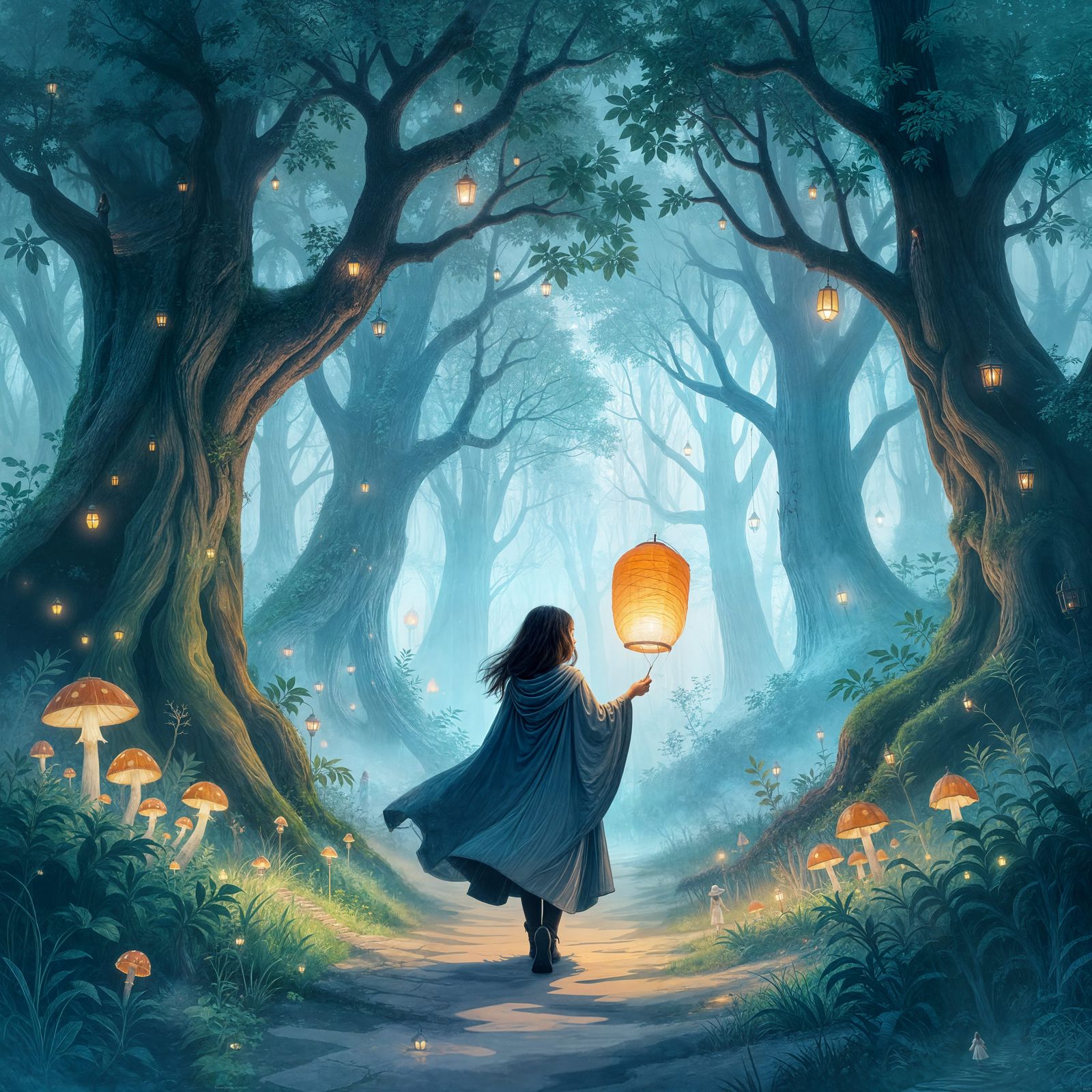 Enchanted Forest Path with Girl and Glowing Lantern