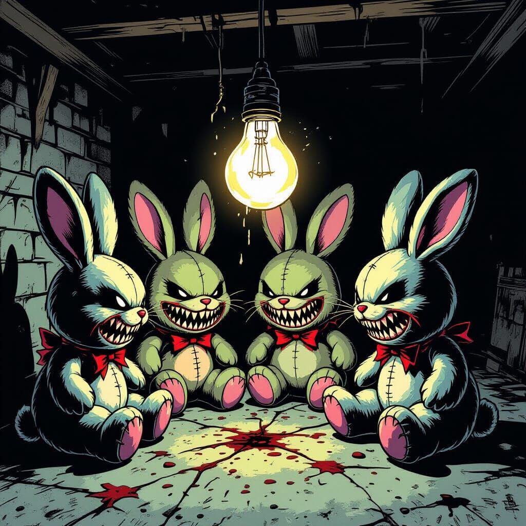 Menacing Plush Bunnies in Dark Fantasy Comic Style