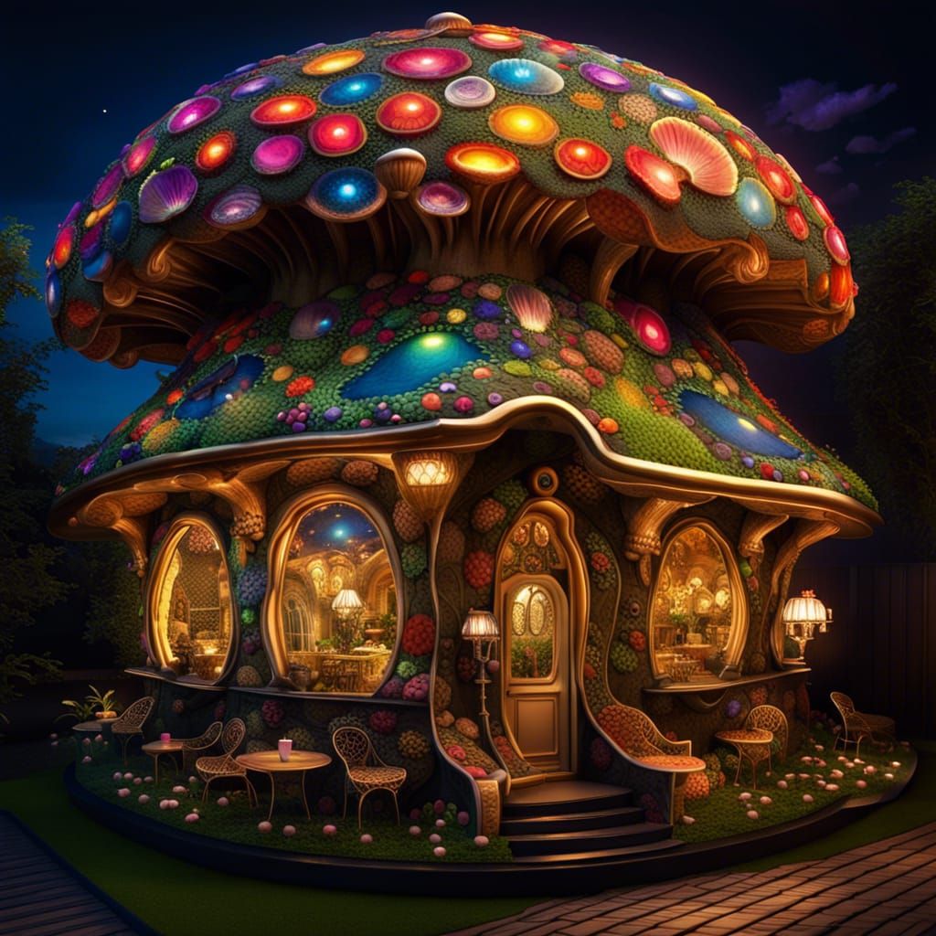 Mushroom House in Rainbow Garden, Detailed Fantasy Art