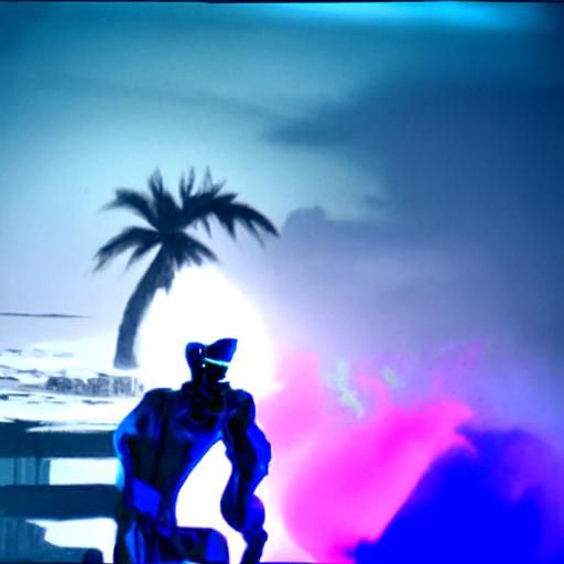Blue Devilish Man at Beach in Synthwave Style