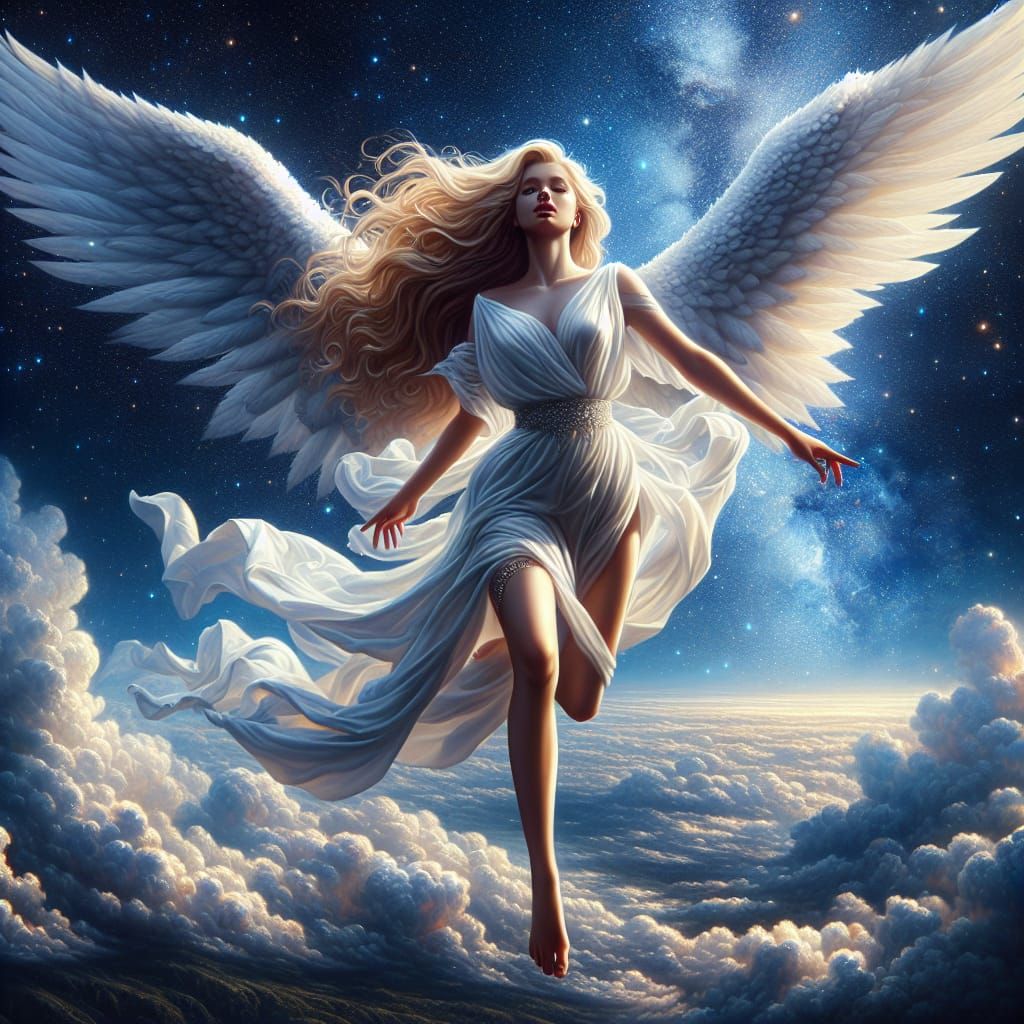 Blonde Angel Ascending into Starry Sky