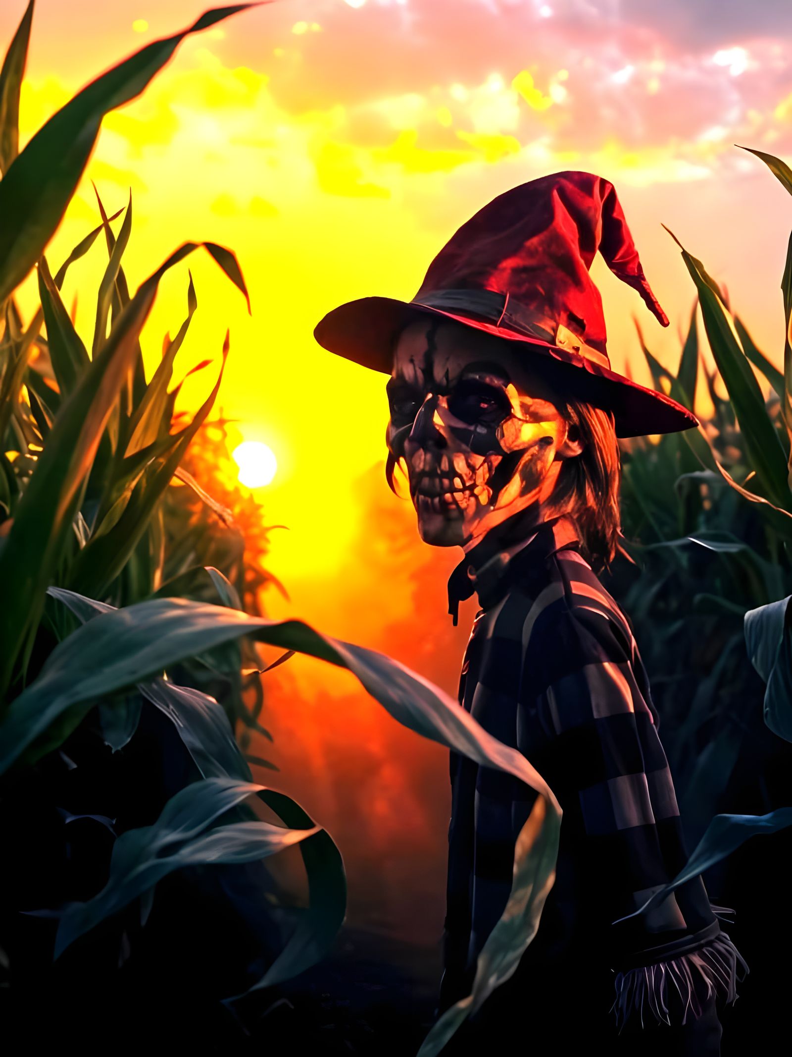Hideous Scarecrow in Foggy Corn Maze at Sunset