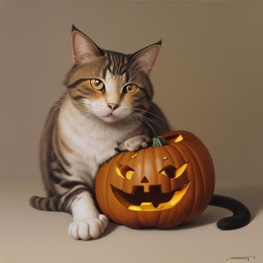 Lit Pumpkin with Cat Face as Oil Painting