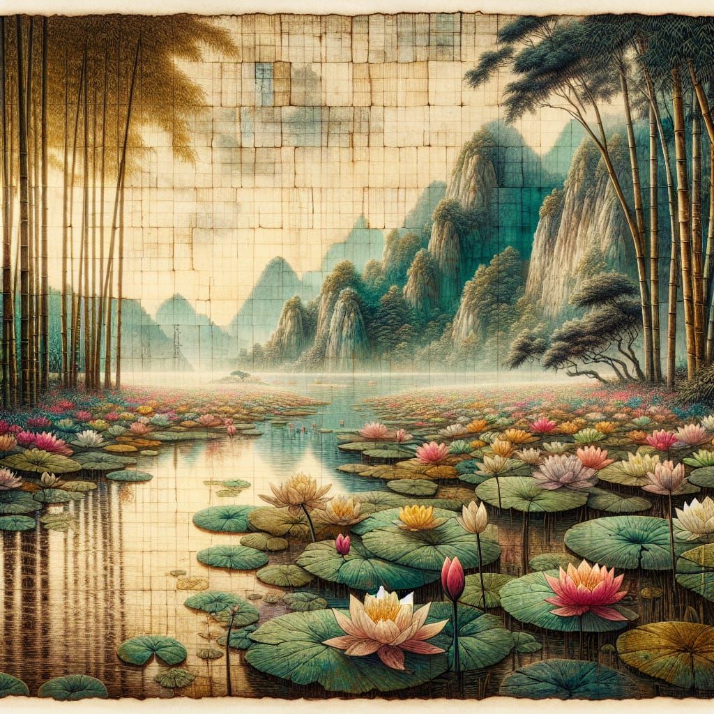 Water Lilies Landscape Painting with Gold Ink