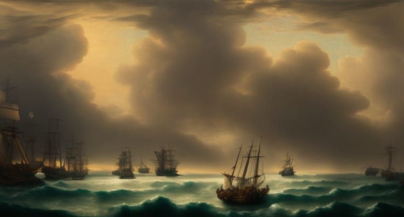 Renaissance Ships Battle on Stormy Sea