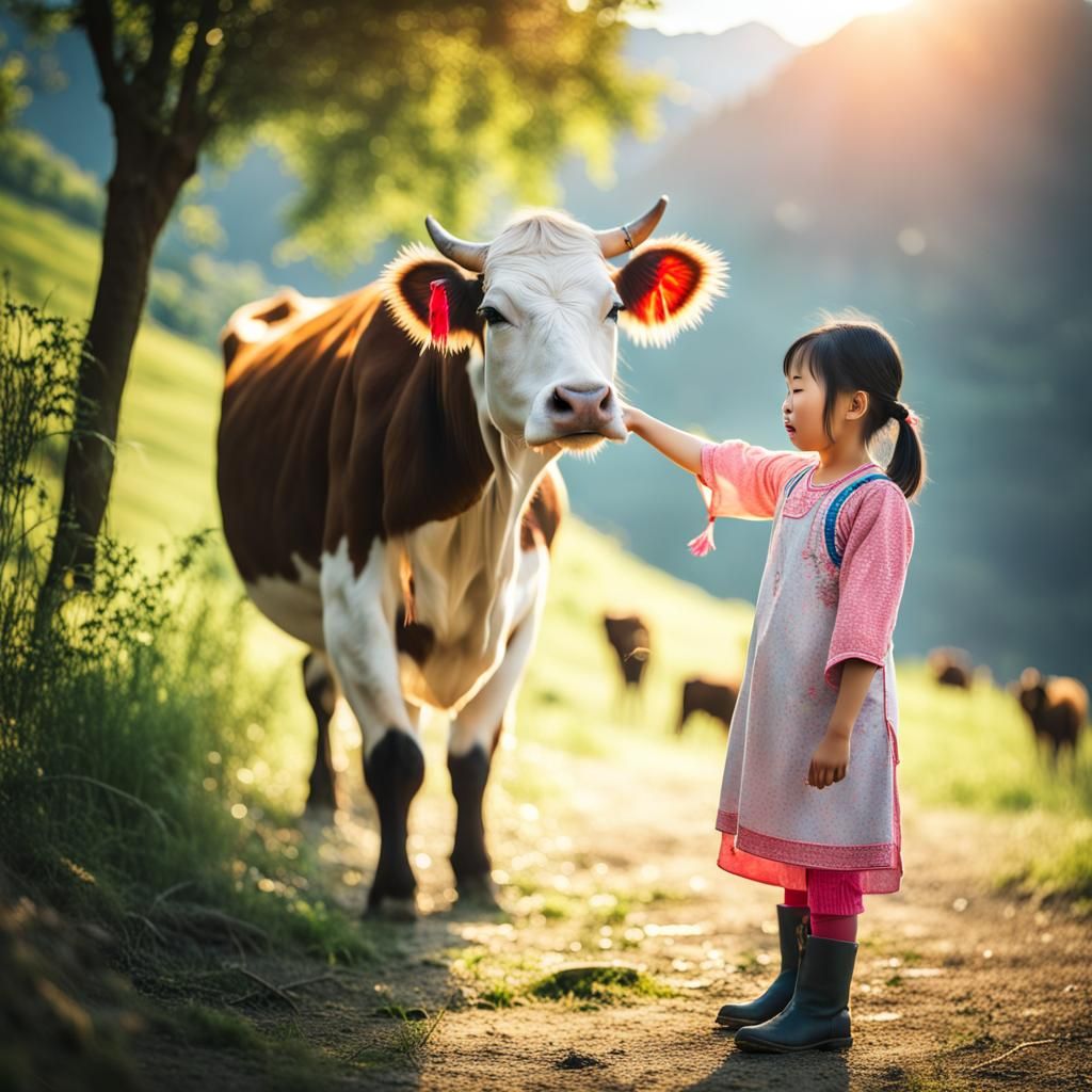 Chinese Girl with Cow in Mountainous Countryside