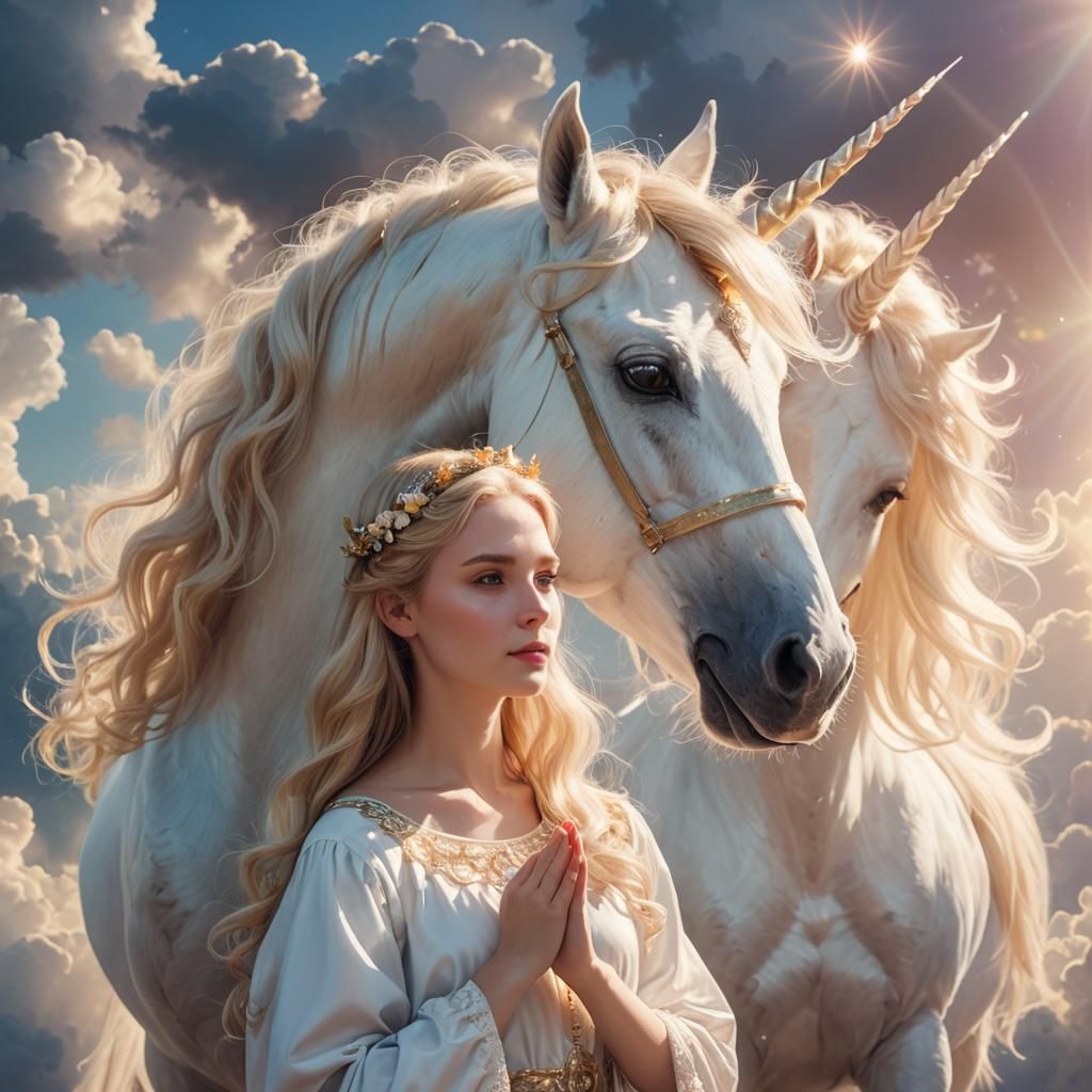 Woman with Unicorn in Divine Sunshine