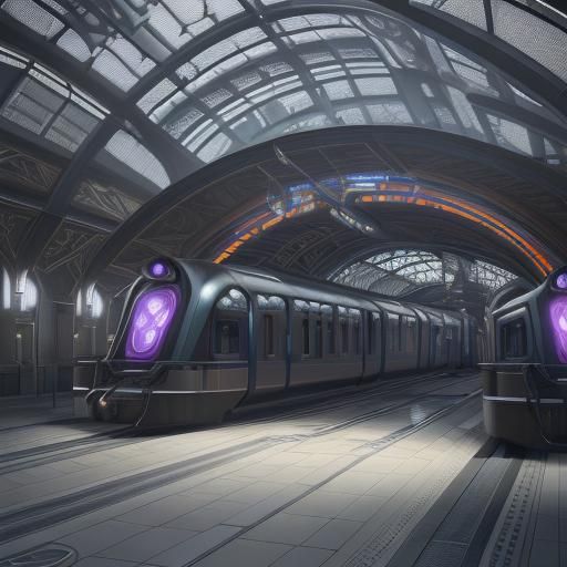 The rendering depicts a futuristic train station with volumetric lighting in an Art Nouveau style masterpiece.