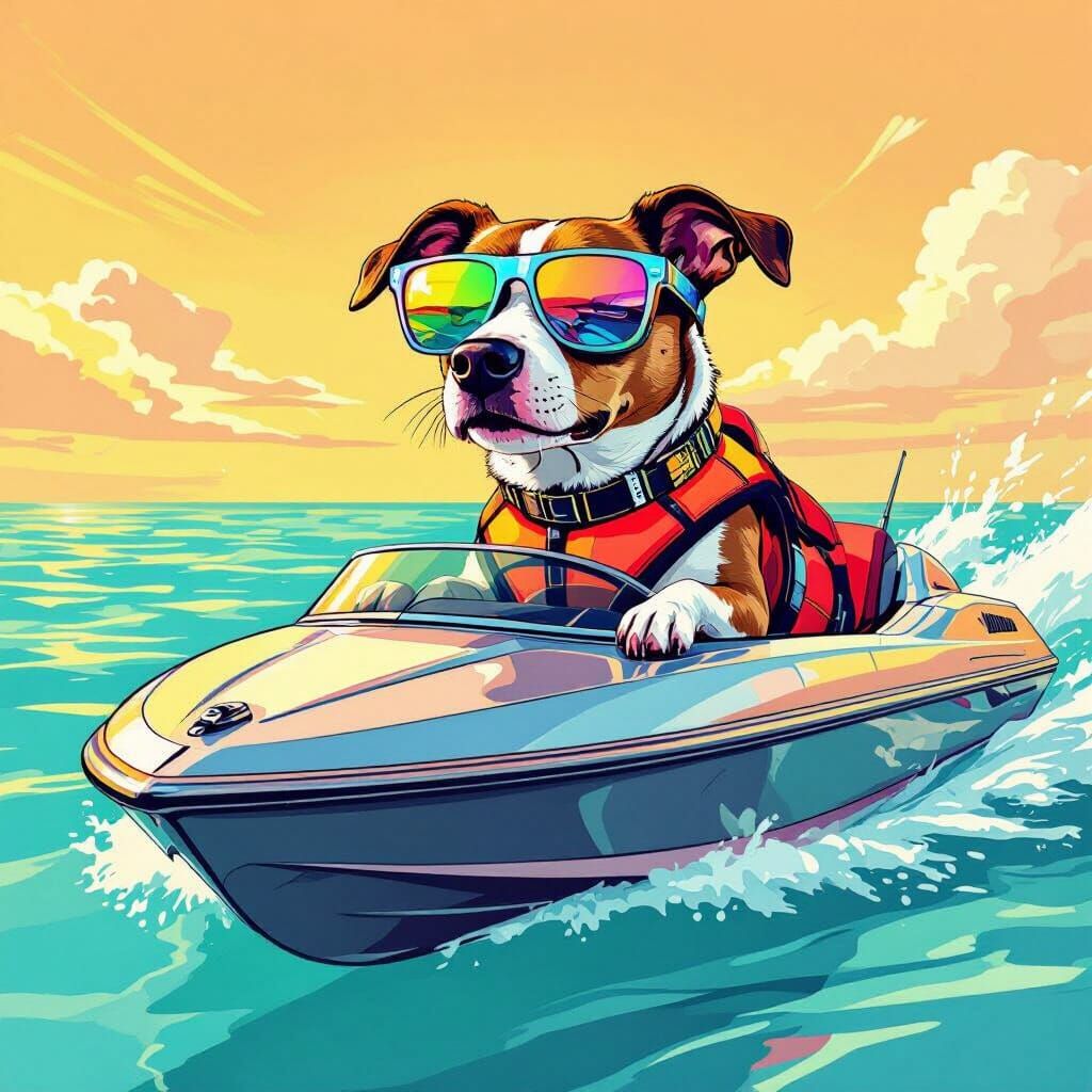 Dog Drives Speedboat in Stylized Loish Illustration