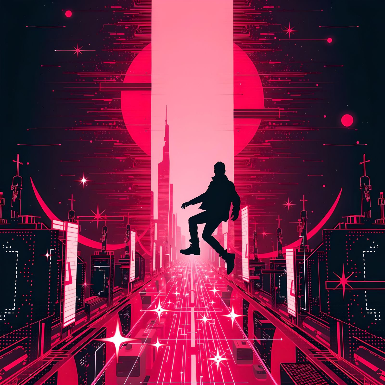 Futuristic Glitchcore Cityscape with Floating Figure