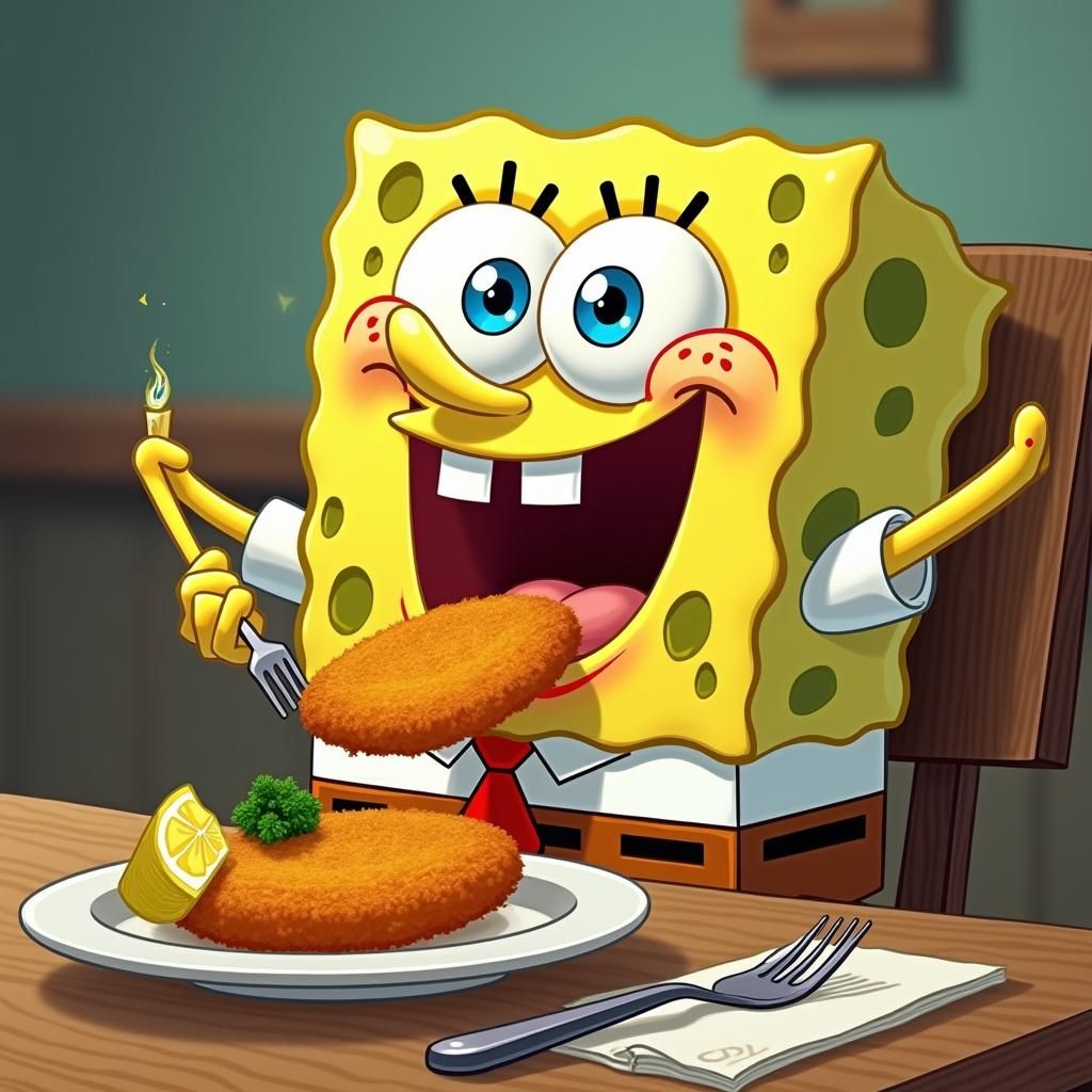Spongebob's Joyful Schnitzel Feast: Whimsical Illustration