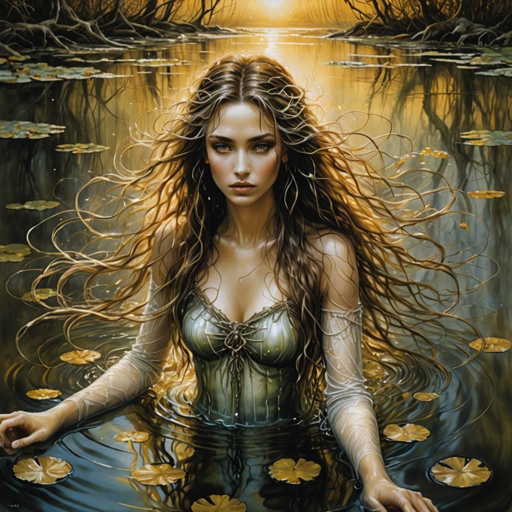 Nymph in Pond: Sensual Realism Oil Painting