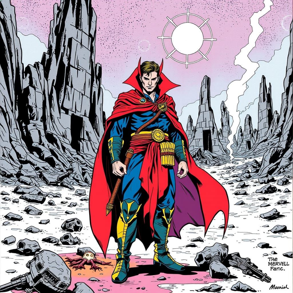 Doctor Strange in Barren Wasteland: Comic Book Style